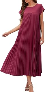 Adigaber Women's Summer Long Dress Pleated Casual Round Neck Solid Dress with Pockets
