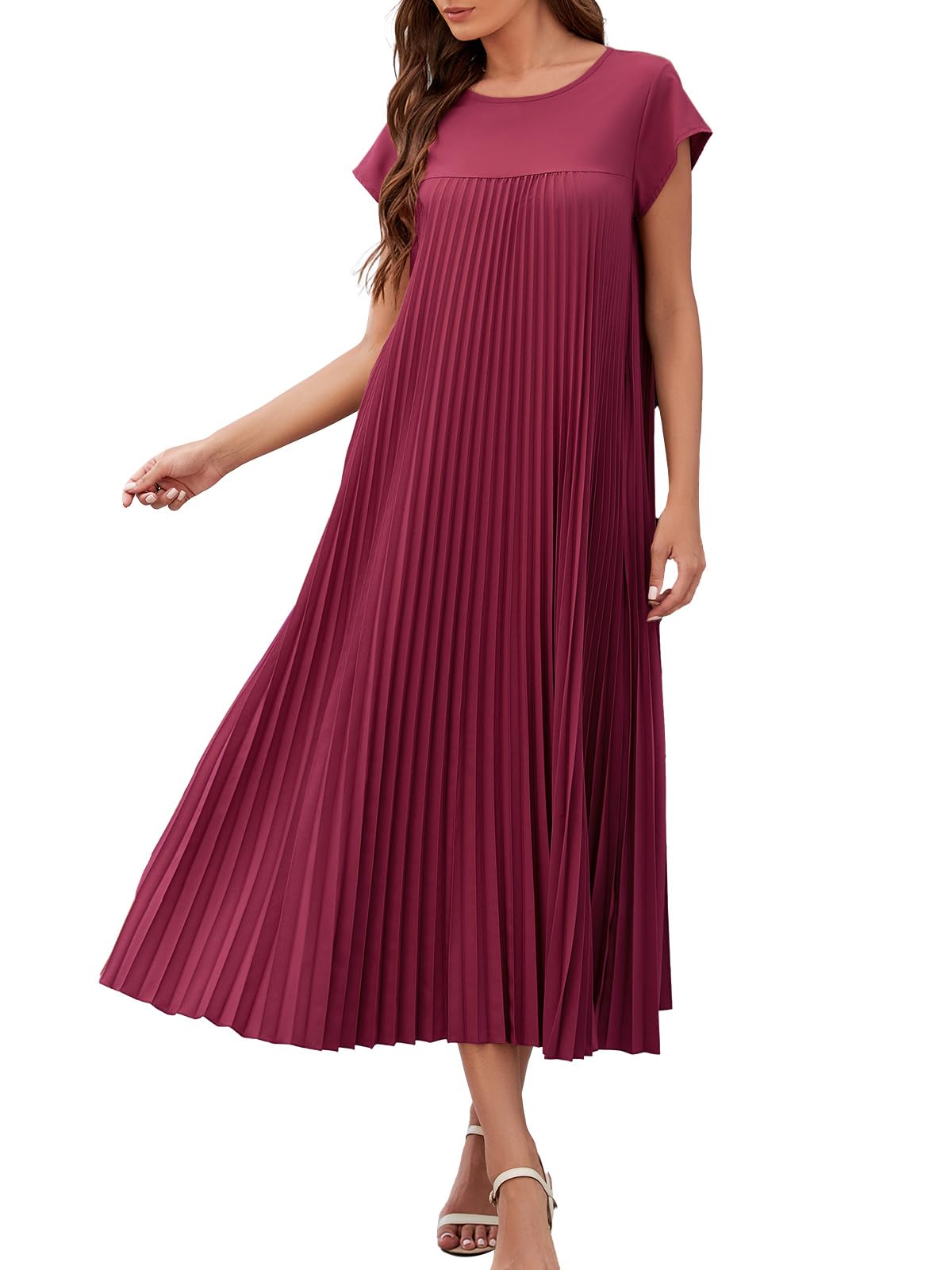 Adigaber Women's Summer Long Dress Pleated Casual Round Neck Solid Dress with Po