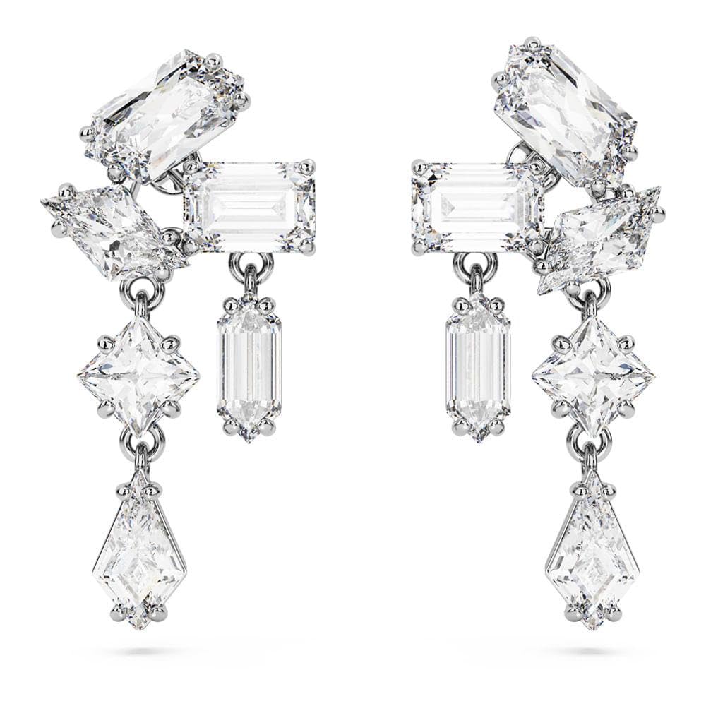Swarovski Mesmera drop earrings, Mixed cuts, White, Rhodium Finished