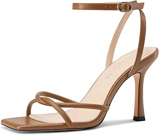HDEUOLM Women's Stiletto High Heel Square Toe Cap Sandals Ankle Strap Prom Party Dress 10cm Heels