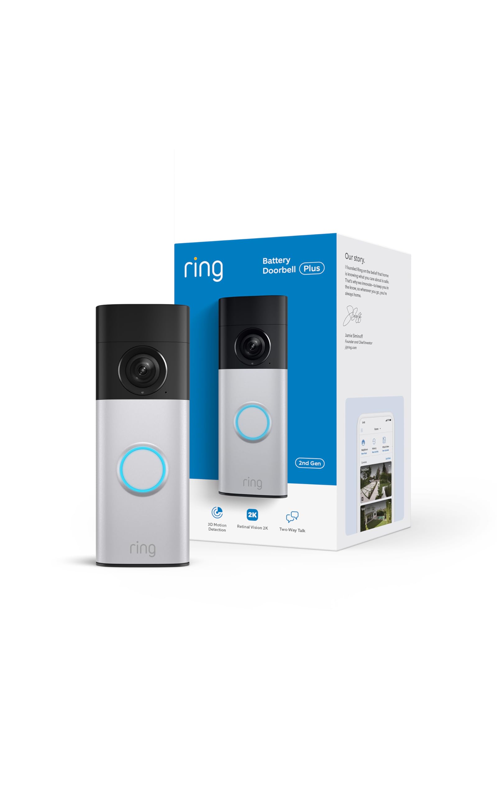 Ring Battery Doorbell 2K Plus (newest model), Retinal 2K with wide-angle video, 