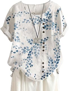 ORANDESIGNE Linen Shirt Short Sleeve Women Casual Vintage Tops Blouse T-Shirts Short Sleeve Crew Neck Tunic Tops Shirt Loose Plus Size T Shirt