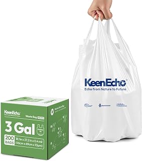 Small Bin Liners with Handles 12L (200 Count) – Recycled Ocean Plastic Rubbish Bags for Bathroom, Kitchen, Office & Pets - White