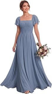 MisShow Women's Flutter Sleeves Bridesmaid Dresses Square Neck Chiffon Maxi Dress A Line Formal Evening Gown