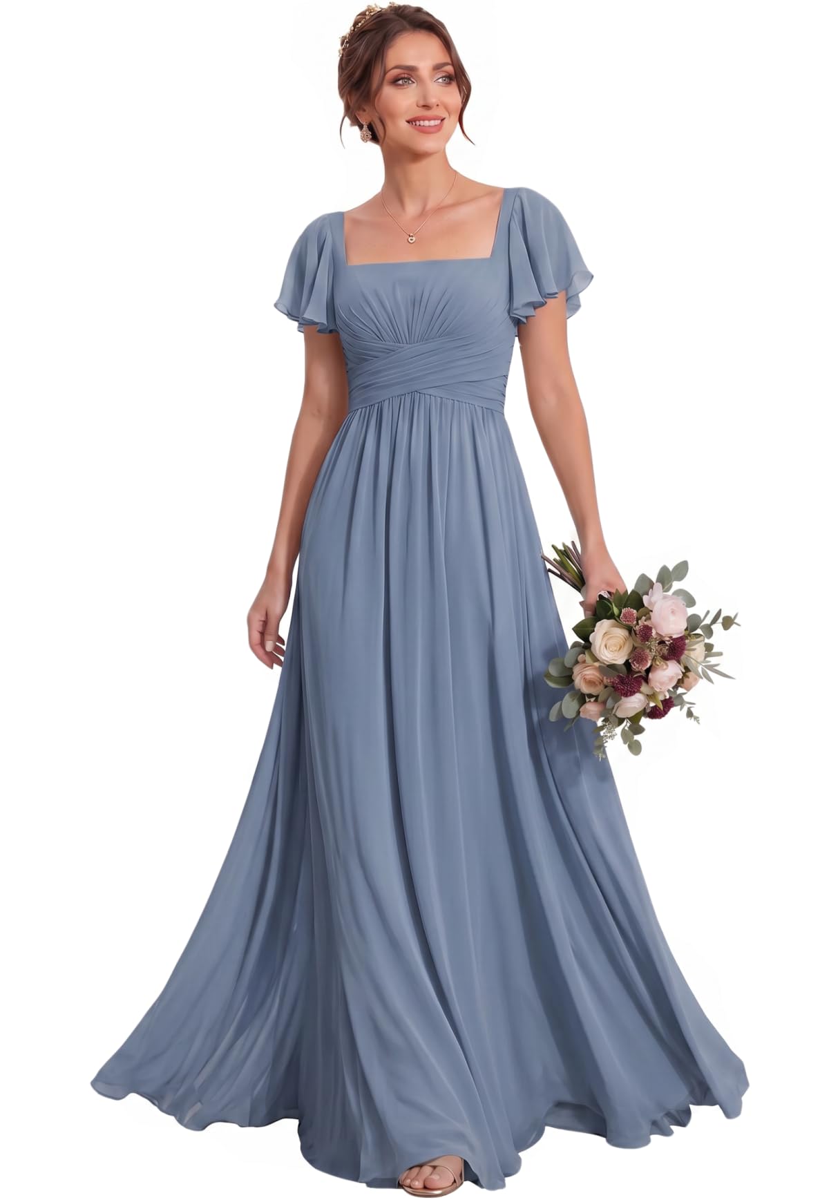 MisShow Women's Flutter Sleeves Bridesmaid Dresses Square Neck Chiffon Maxi Dres