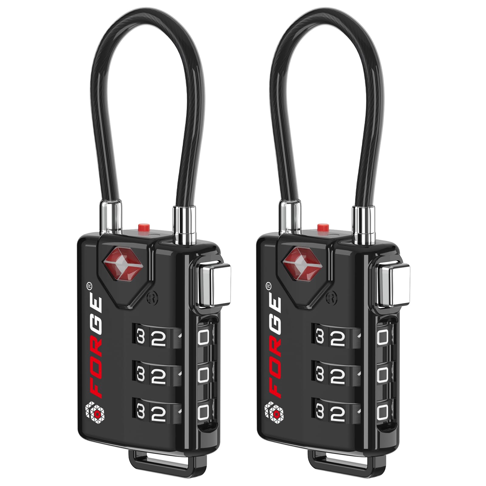 Forge TSA Approved Luggage Locks, TSA Open Alert Cable Lock, Black, 2 Pack | Adv