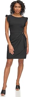 DKNY Women's Flutter Sleeve Faux Wrap Dress with Hardware