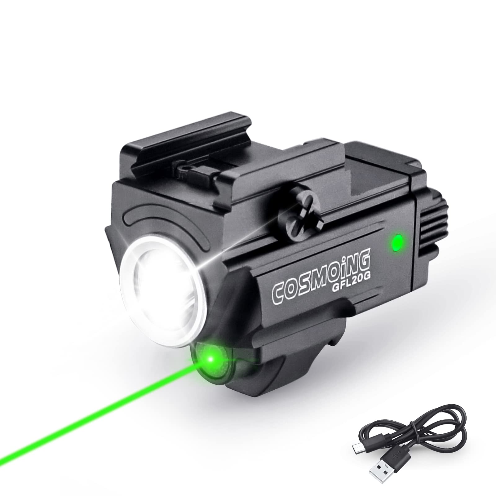 COSMOING Green/Red Laser Light Combo, 800 Lumen USB Rechargeable Gun Flashlight 