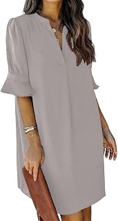 Wkior Women Dress V Neck Short Sleeve Solid Color Casual Summer Dresses (S-2XL)