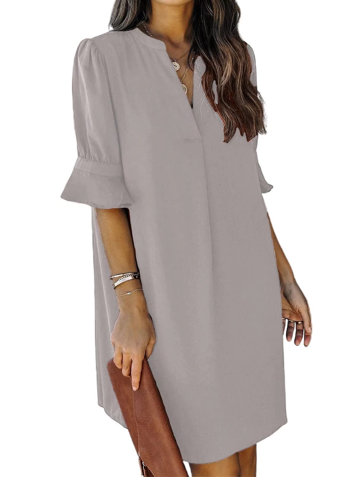 Wkior Women Dress V Neck Short Sleeve Solid Color Casual Summer Dresses (S-2XL)
