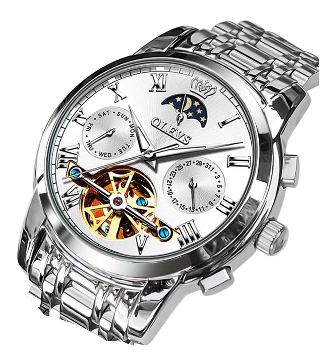 OLEVS Men's Automatic Mechanical Watch Stainless Steel Moon Phase Suit Business 