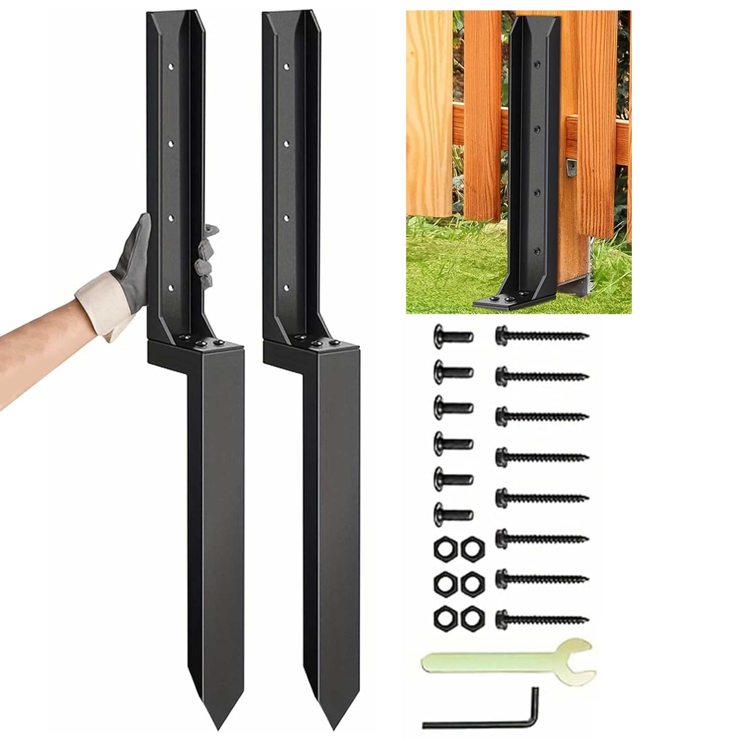 2 Pack Fence Post Repair Spike, Heavy Duty Steel Fence Post Support & Kit | 31.5