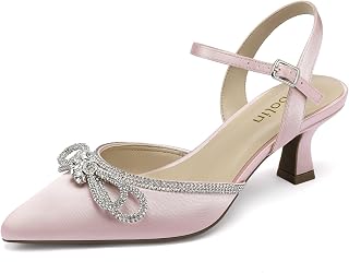 DOBOLIN Wide Width Kitten Heels for Women Rhinestone Bow Pointed Toe Pumps