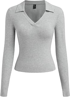 CIDER Fitted Long Sleeve Shirts for Women - V Neck Polo Shirts Business Casual Collared Work Tops Fitted Spring Fall Shirt