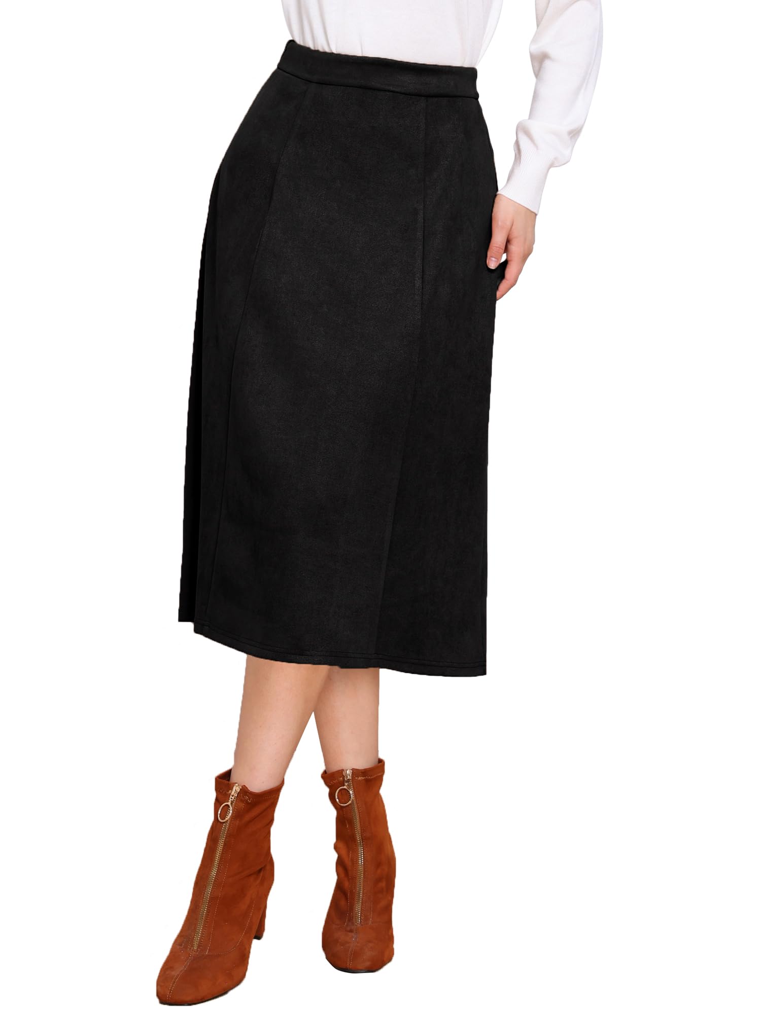 Allegra K Faux Suede Midi Skirt for Women's Casual Fall Winter A Line Skirt