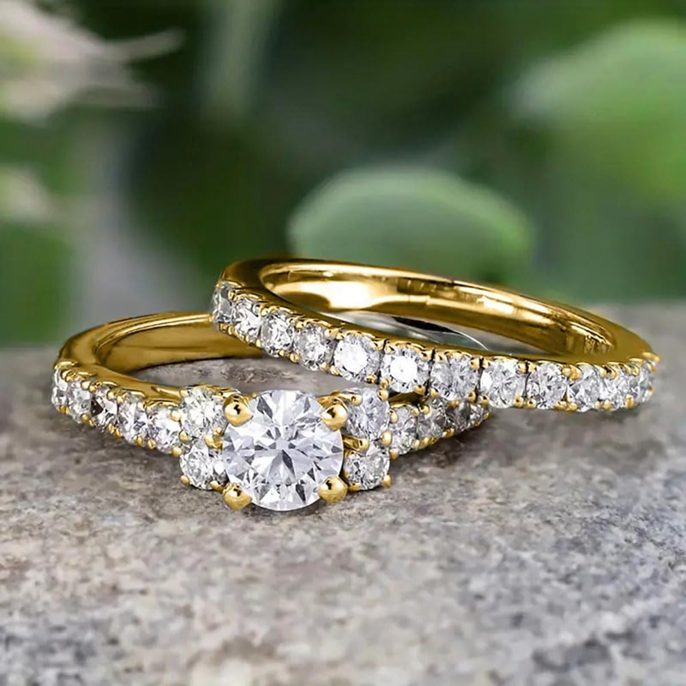 2 Pcs White Gold Plated Engagement Ring Set Brilliant Cubic Zirconia Inlaid Exqu