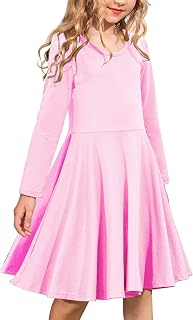 Arshiner Girls Long Sleeve Stretchy A line Twirly Skater School Party Dress