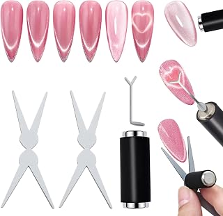 Cat Eye Magnet Tool 4 Pcs Black Silicone Sleeve Cylindrical Magnet + 2 Pcs Scissor French Cat Eye Effect Iron Plate + 1 Pcs Y Shape Metal Bracket Heart Magnet for Cat Eye Gel Polish
