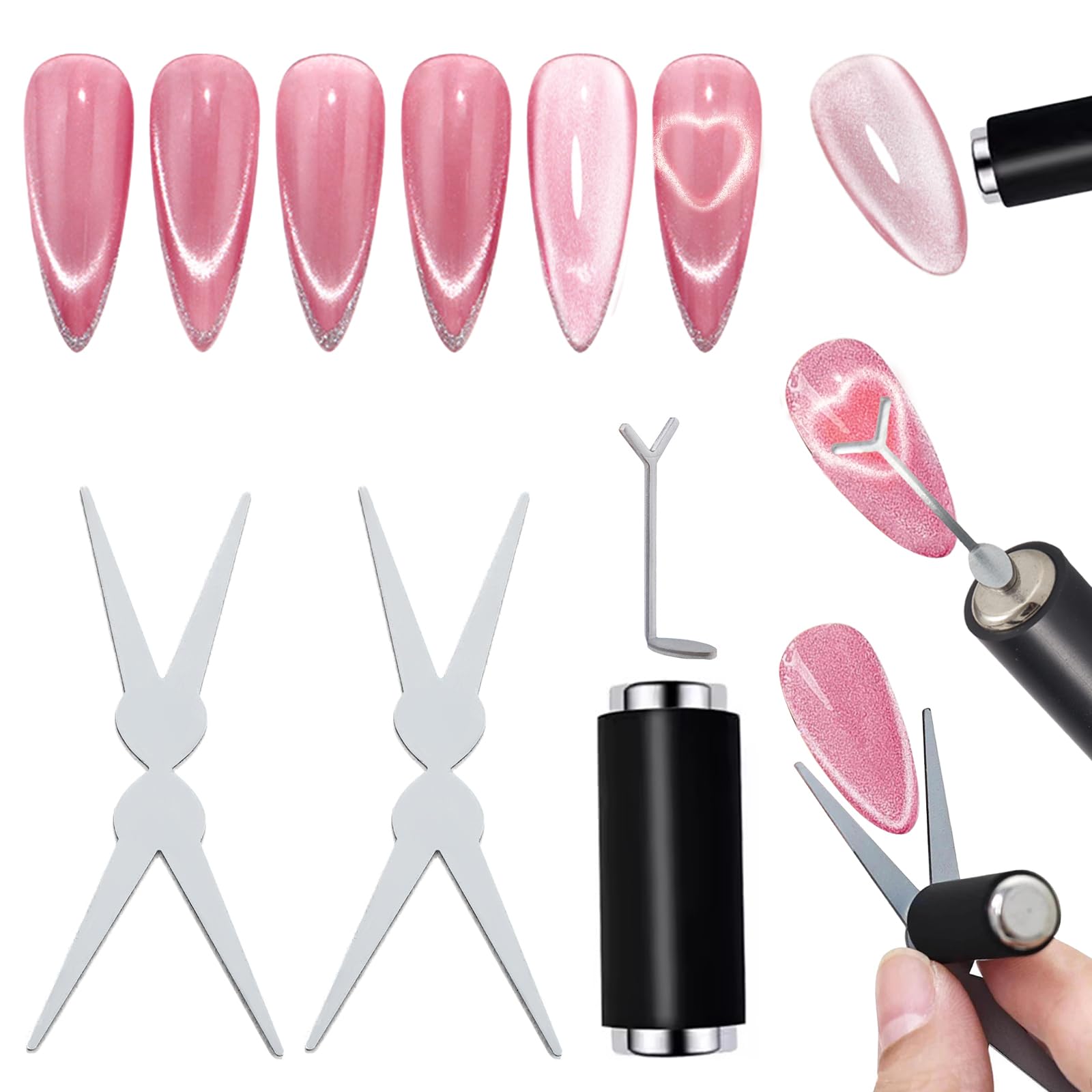 Cat Eye Magnet Tool 4 Pcs Black Silicone Sleeve Cylindrical Magnet + 2 Pcs Sciss