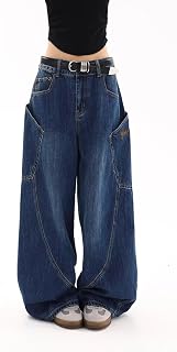 Women's Streetwear Wide Leg Denim Jeans,High Waist Multi Pockets Curb Stitch Casual Pants