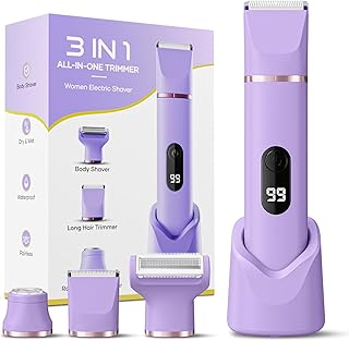 Lady Shavers for Women 3-in-1, Tiovara Painless Electric Razors Shaver IPX7 Waterproof Cordless Body Hair Trimmer Pubic Hair Removal with USB Charge Dock for Underarm Leg Arm Body Face (Purple)