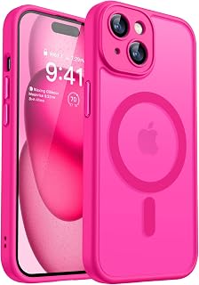 CANSHN Magnetic Cover for iPhone 15, MagSafe Compatible, [Full Camera Protection], Translucent Matte Slim Protective Shockproof Case 6.1 Inch - Hot Pink
