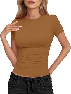 YOGINGO 2 Pack Women's Basic T Shirts Short Sleeve Round Neck Slim Fit T-Shirts Summer 2024 Y2k Going Out Crop Tops Tight Shirts