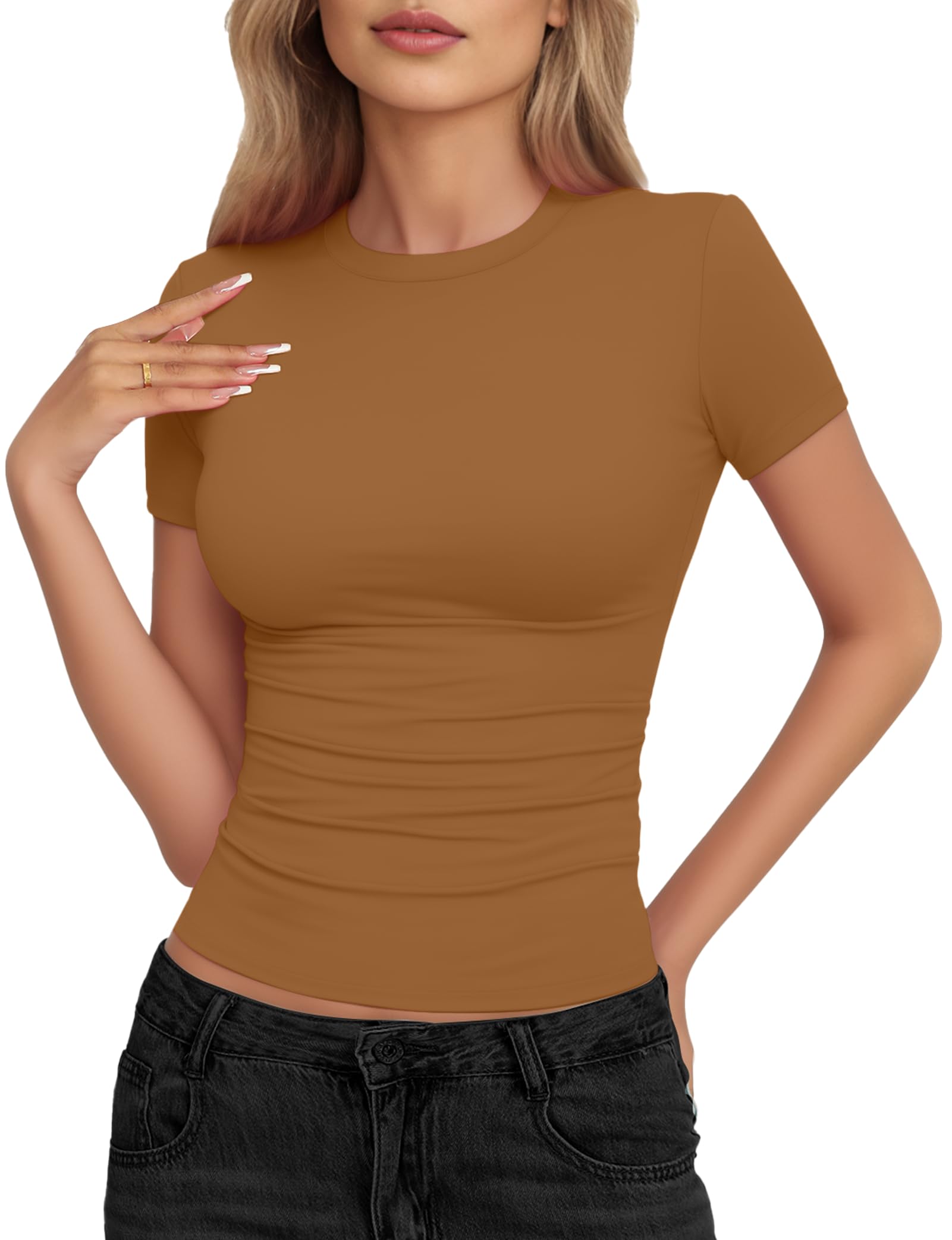 YOGINGO 2 Pack Women's Basic T Shirts Short Sleeve Round Neck Slim Fit T-Shirts 
