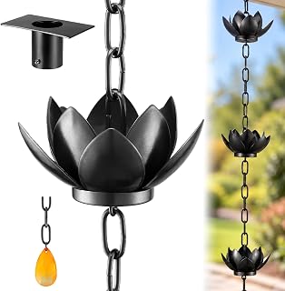 OAK LEAF Rain Chain with Adapter, 8.5ft | Adjustable Lotus Rain Catcher Chain for Gutters Outside Downspout, for Divert Water and Home Display, Black Powder Coated