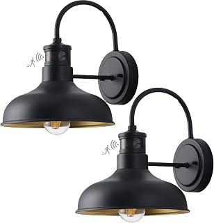 Motion Sensor Gooseneck Light with 10 Inch Dome, Dusk to Dawn Outdoor Barn Style Lights for Farm House, 2 Pack Exterior Motion Wall Lighting, Black and Gold Wall Sconce for Garage Door
