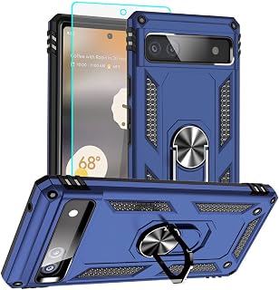 for Pixel 6a Case, Google Pixel 6A Phone Case with HD Screen Protector, [Military Grade 16ft. Drop Tested] Ring Shockproof Protective Phone Case for Google Pixel 6a,Blue