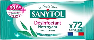 Sanytol - Multi-Purpose Disinfectant Wipes - Eucalyptus - x72 - Bactericide, Virucide, Fungicide - Bleach Free, Made in France, 100% Vegetable Fibres