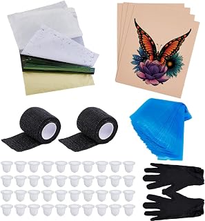 AHANDMAKER Tattoo Practice Skin Transfer Paper Tool Kit - 234Pcs Include Tattoo Practice Fake Skin with Transfer Paper and Water and Oil Proofing Glove Pen Cover Ink Cup Holder for Beginner Artist