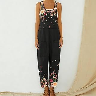 Women Summer Retro Square Neck Jumpsuit with Pockets Casual Loose Floral Wide Leg Jumpsuit