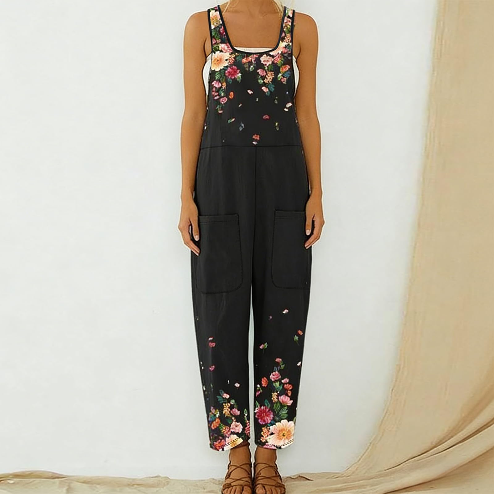 Women Summer Retro Square Neck Jumpsuit with Pockets Casual Loose Floral Wide Le