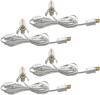 KGC 4Pack Accessory Cord with C7 Led Light Bulb Candelabra-Base E12 Socket | 6 Feet White Cord with On/Off Switch Plugs for Holiday Decorations, Christmas Village House, Pumpkin Lights