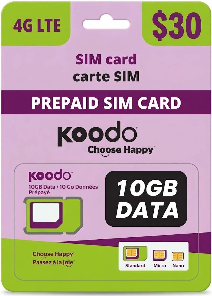 Koodo Mobile 4G LTE Prepaid 30$ SIM Card Starter Kit - Unlimited Talk Canada + 1