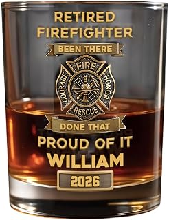 Retired Firefighter Courage Fire Honor Rescue Badge, Personalized Custom Whiskey Glass, Gift for Retired Firefighters Engraved Rocks Glass Fire Dept Service Award Retirement
