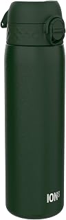 Ion8 Insulated Water Bottle, 500 ml, Leak-Proof, Easy to Open, Secure Lock, Dishwasher Safe, Carry Handle, Fits Cup Holders, Stainless Steel, Dark Green