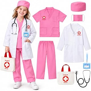Meland Doctor Costume for Kids 3-10, Pretend Play Career Dress Up with Bag | Career exploration gift for boys girls Halloween, birthday, every day dress up, confortable for active kids