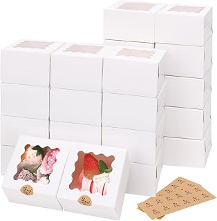 Moretoes Cookie Boxes with Window, 4x4x2.5in White Food-grade Bakery Boxes