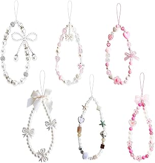 6 Pcs Phone Charm, Camera Wrist Strap Cute Bag Chams Keychain Wristlet | White Pink Pearl Beaded Flower Butterfly Bow Bracelet Lanyard Flower Cell Phone Charms For Decor Accessories Women Gifts