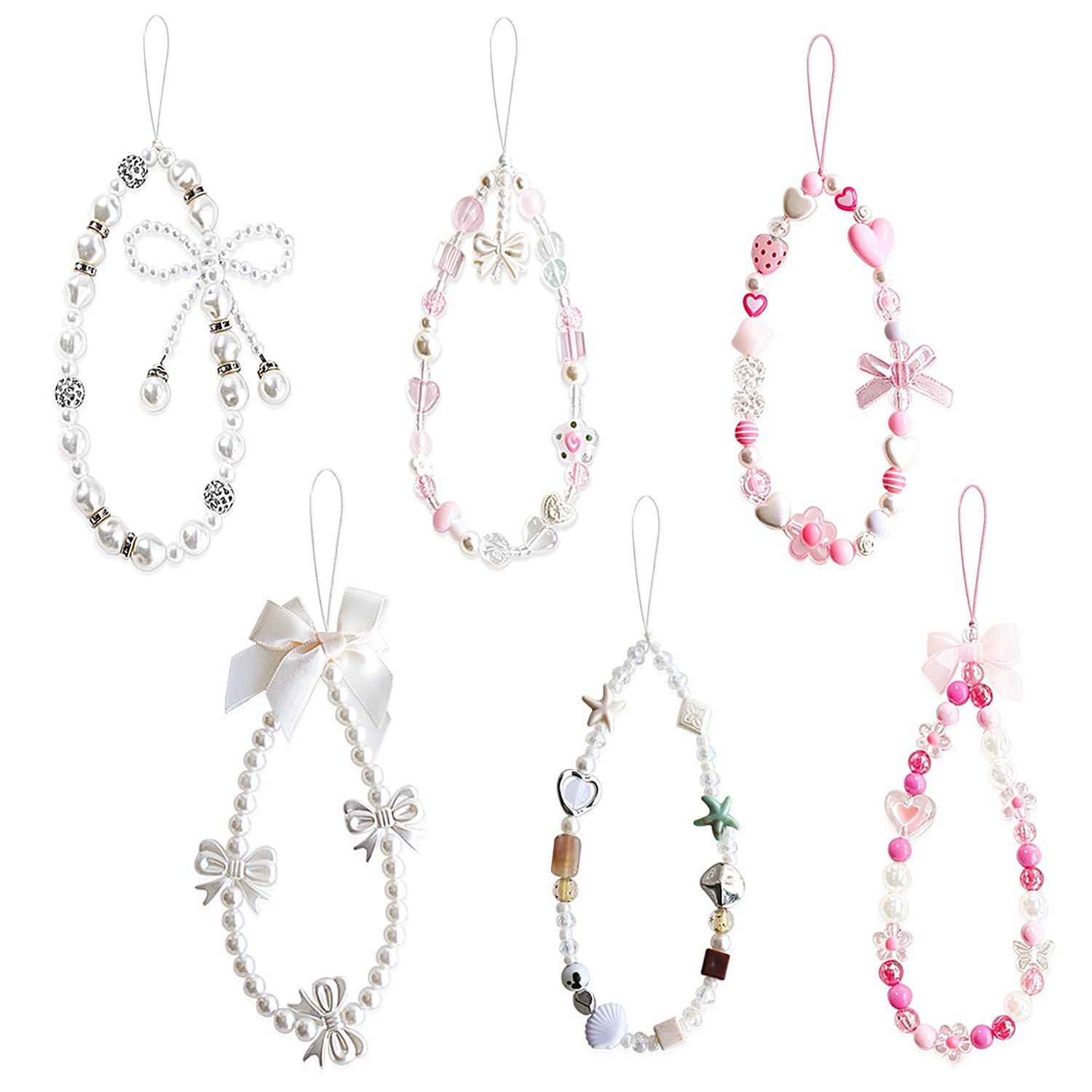 6 Pcs Phone Charm, Camera Wrist Strap Cute Bag Chams Keychain Wristlet | White P