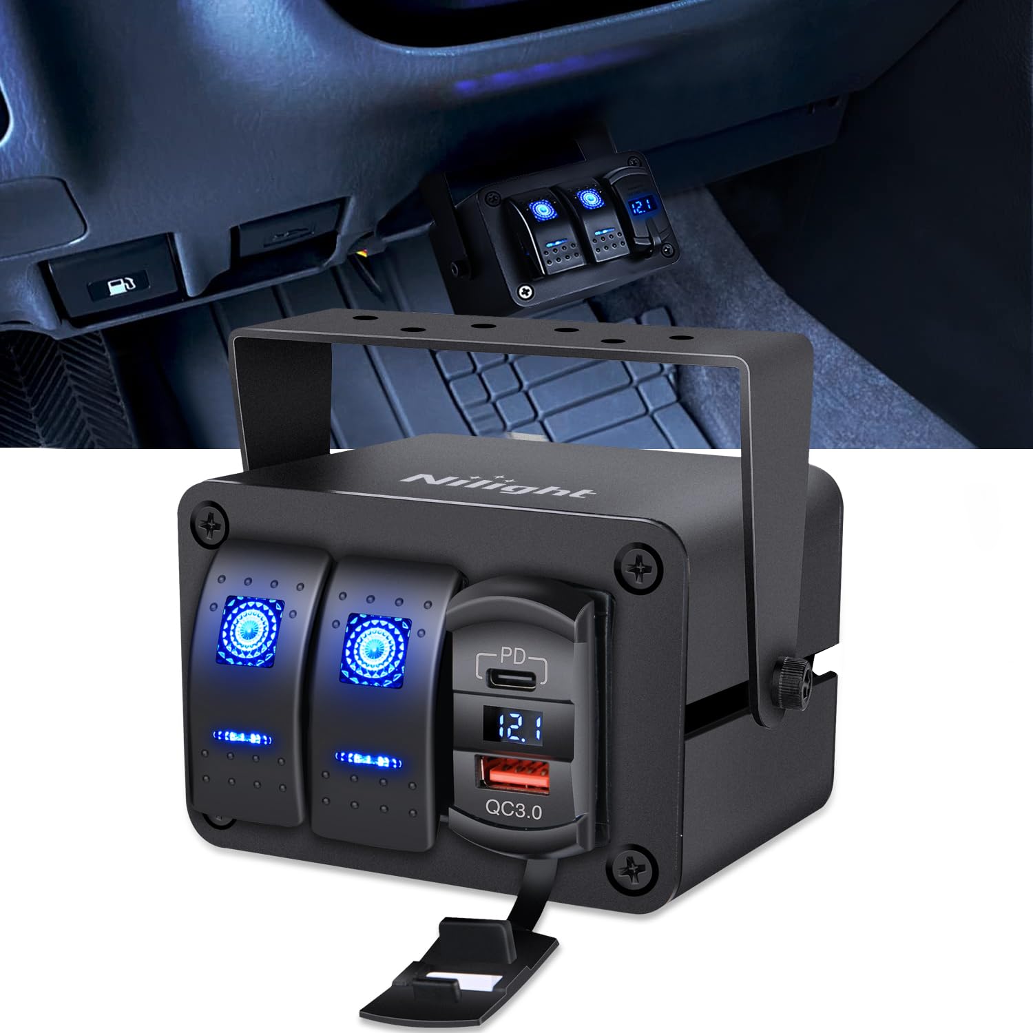 Nilight 2 Gang Rocker Switch Box w/Voltmeter PD Type C and USB Socket | 12V 24V 
