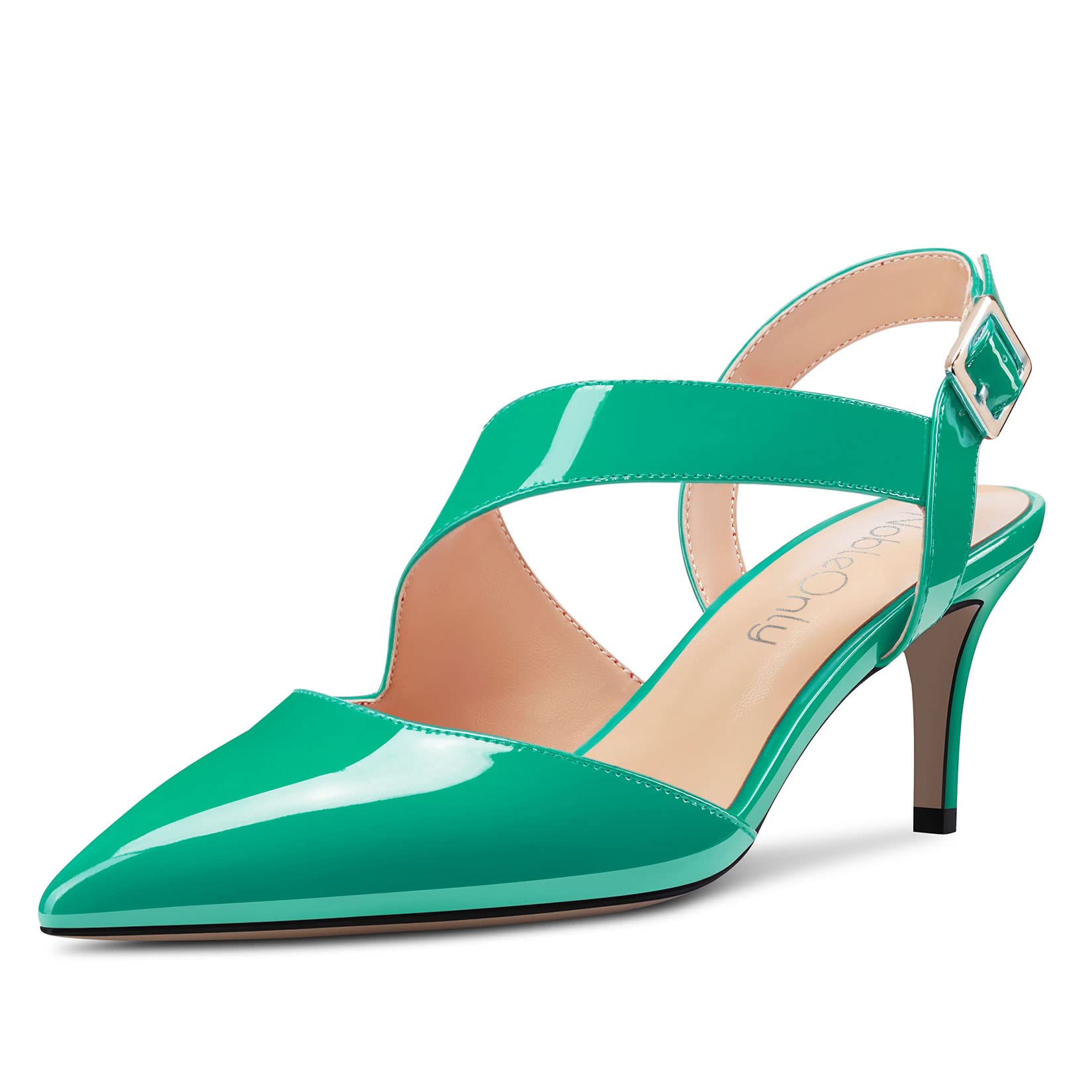NobleOnly Women's Pointed Toe Mid Heel Sandals Strap Ankle Buckle Closure Dance 