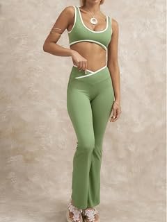 Summer Set for Women - Slim Fit Tank Top and Long Pants Solid Color Joggers Gym Casual Street Wear for Women, Green