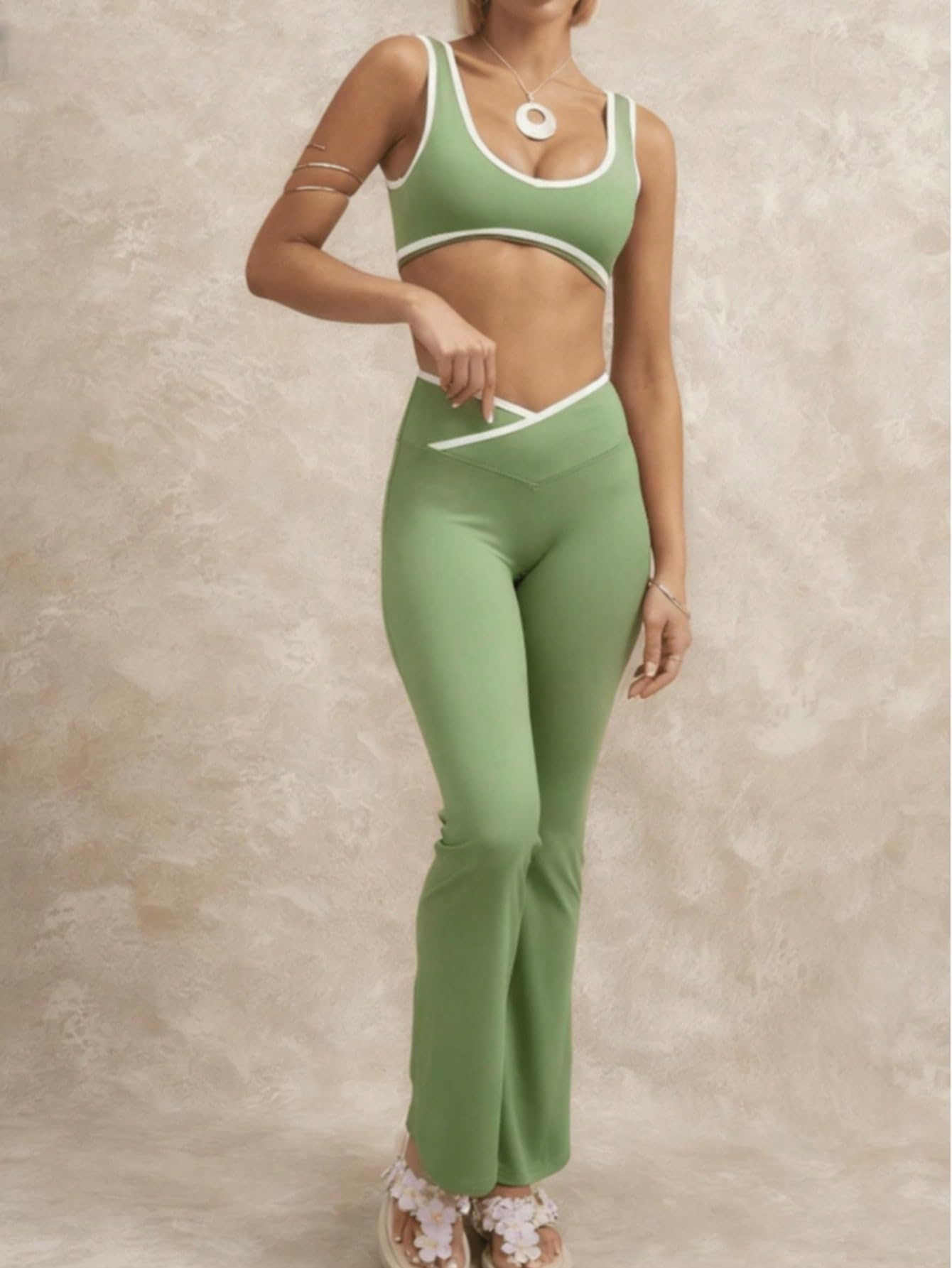 Summer Set for Women - Slim Fit Tank Top and Long Pants Solid Color Joggers Gym 
