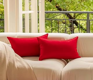 Outdoor Solid Waterproof Throw Pillow Covers 12x20 Inch, Decorative Rectangular Linen Garden Farmhouse Cushion Case for Patio Tent Balcony Couch Sofa, 1pcs (Red)