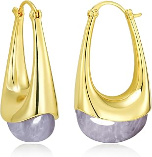 SNGIA Long Oval Chunky Dangle 18K gold plated Hoops with Colored Resin Gemstone Statement Earrings for Women by SNGIA, (Green, Brown, Blue, Pink, White, Cream), Bold Drop Handmade Exaggerated