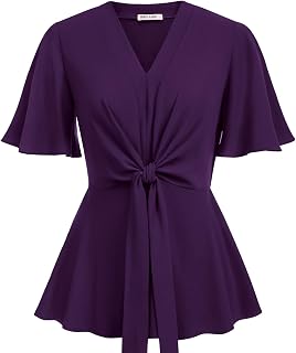 GRACE KARIN Women's Elegant V-Neck Tie Waist Flowy Peplum Shirt Tops
